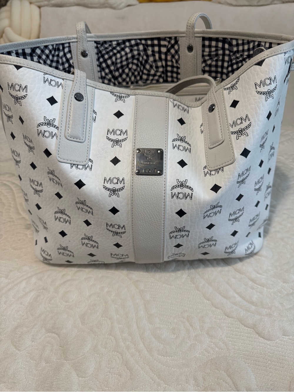 MCM White Visetos Logo Print Tote with Wristlet wallet